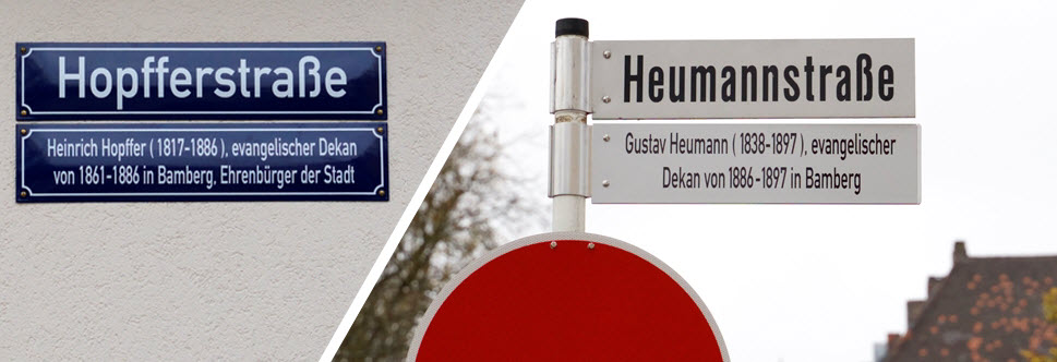 Straßenschilder Hopffer- und Heumannstraße mit Erklärung