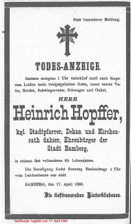 Heinrich Hopffer Todesanzeige 07.04.1886